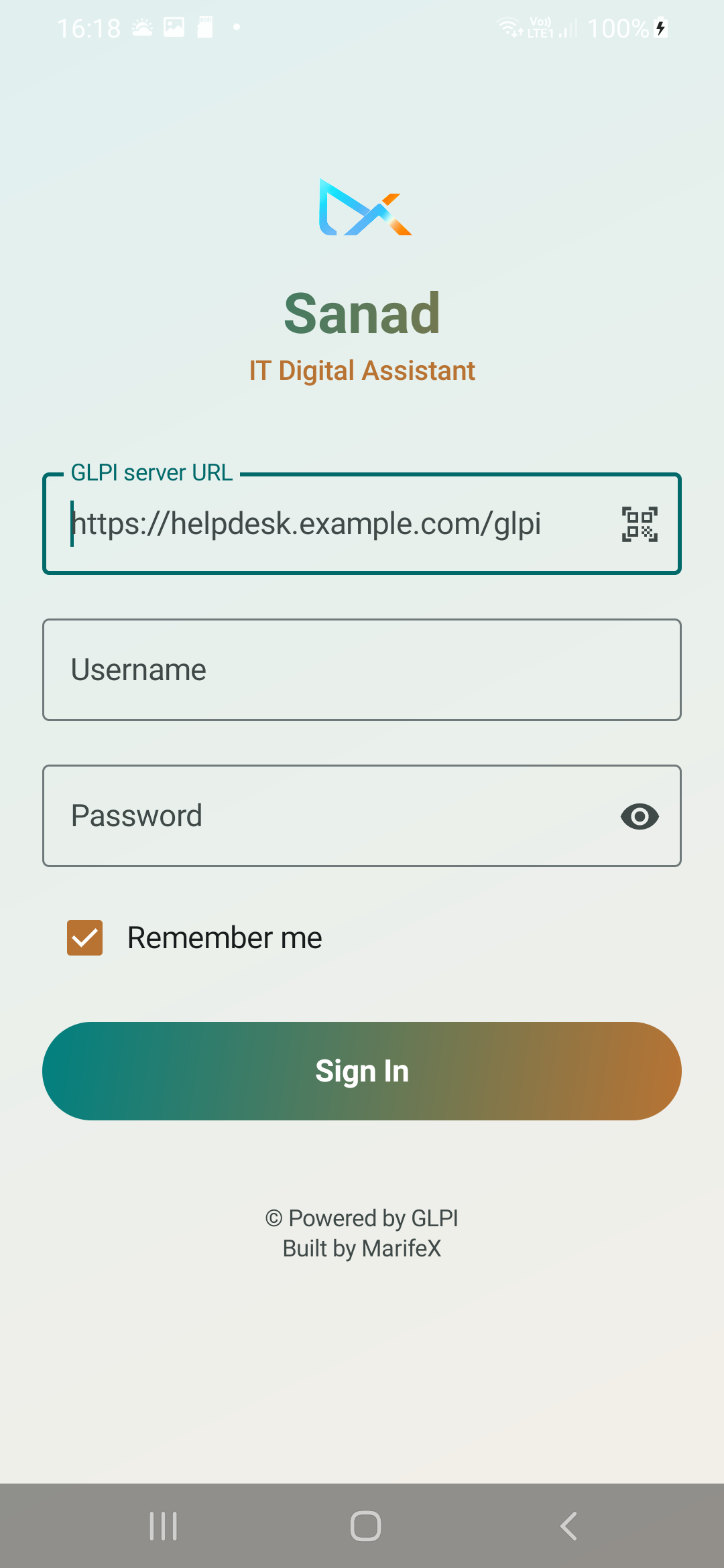 Real Sanad sign-in form: server URL, username, password